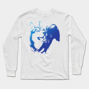 Blue Happy Husky Digital Art Negative Space Long Sleeve T-Shirt